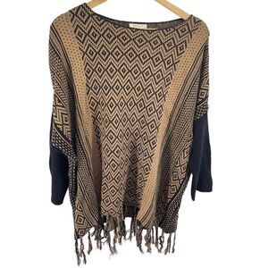 Westbound Womens Poncho Sweater Tassel Pullover Acrylic Blend Black Beige XL